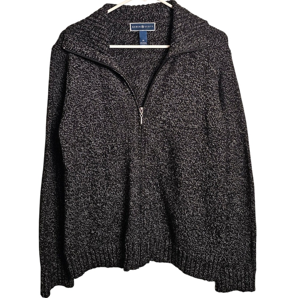 Karen Scott‎ Knit Sweater Full Zip Collar Charcoal Mix Medium Acrylic Polyester